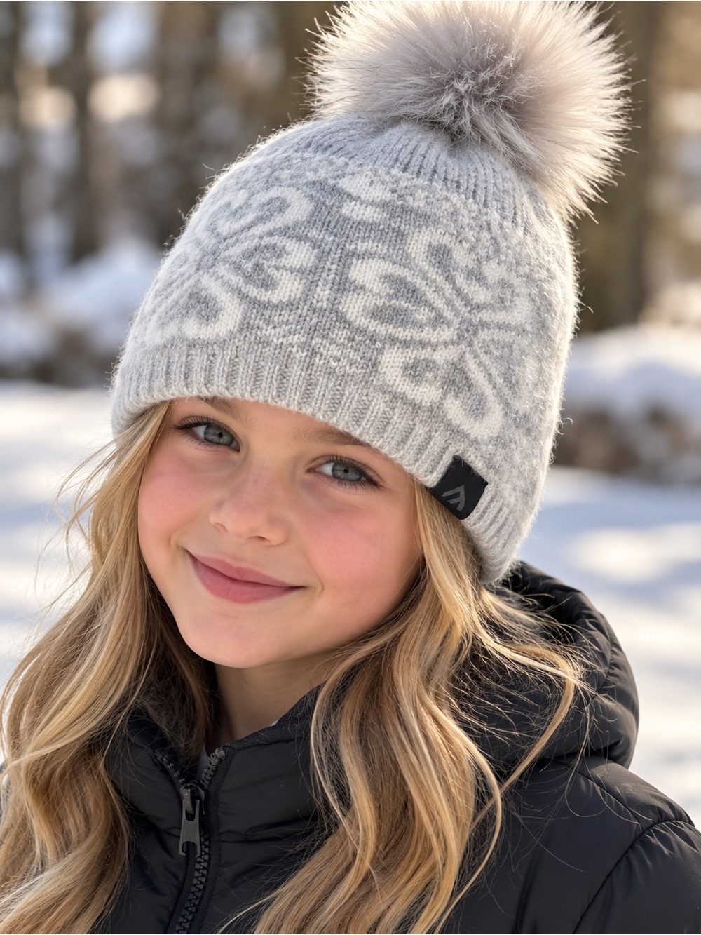 Black mountain Knit Pom Beanie - Light Gray Patterned Winter Hat